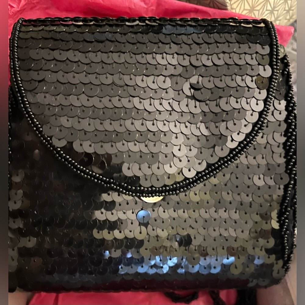 Vintage La Regale EC Black Sequin Beaded Strap Evening Bag authentic cards/box - Picture 7 of 10